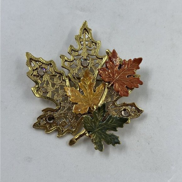 KC‎ Vintage Leaf Pin Brooch Autumn Fall Multi-Color Enamel Gold Tone Signed - Picture 5 of 13